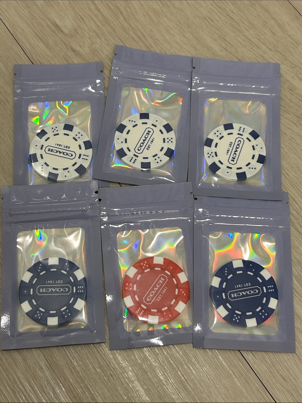 Coach (NWOT) Set of 6 Poker Chips in White, Navy Blue & Red